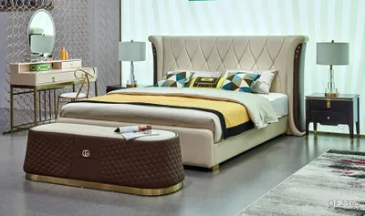 Produktbild von Leder Luxus Betten Bett 2x Nachttische Hocker Doppelbett 4tlg. Set Schlafzimmer