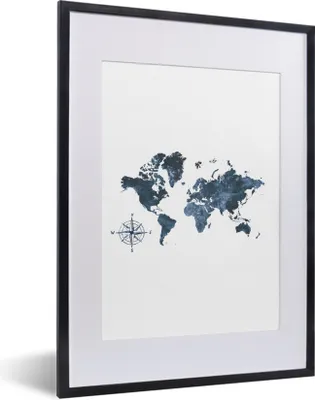 Produktbild von MuchoWow® Gerahmtes Poster Weltkarte - Kompass - Glitzer 30x40 cm - Poster mit Schwarzem Bilderrahmen Wandposter Rahmen Foto Bilder - Wandposter Schlafzimmer
