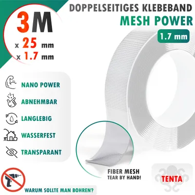 Produktbild von Doppelseitiges Klebeband 3m x 25mm x 1.7mm - TENTA Mesh Power