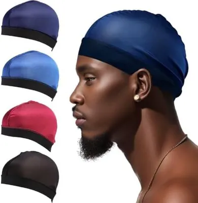 Produktbild von 4 seidige Wellenkappen mit Gummiband für Männer und Frauen, Satinhauben und Durag-Kopfbedeckungen zum Schlafen und Duschen (Schwarz, Hellblau, Weinrot und Dunkelblau)