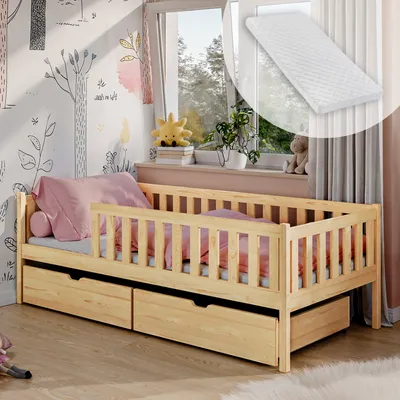 Obrázok produktu pre Detská posteľ s dvoma zásuvkami, ochrana proti vypadnutiu, lamelový rošt a matrac, detská posteľ | bezpečná a stabilná | iné rozmery 80x160, 80x180, 90x200 cm | 90x190 cm: od 4 do 13 rokov, príroda