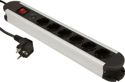 A power strip with six outlets, a switch, and a power cord.