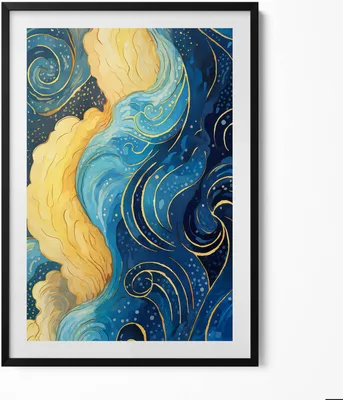 Produktbild von Wolkenabstraktion mit Gold– Wandbild mit Rahmen – Gerahmtes Bild  – Wanddekoration – 70x100 cm –  Schwarz Rahmen