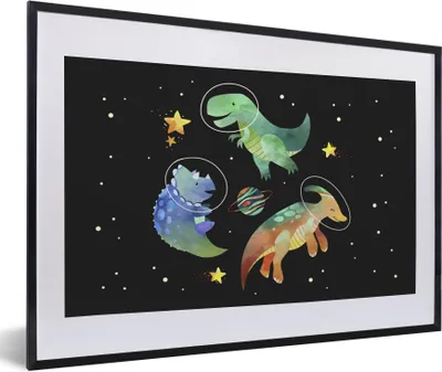 Produktbild von MuchoWow® Gerahmtes Poster Sterne - Dinosaurier - Kind - Mädchen - Jungen - Kinder - Kinder 60x40 cm - Poster mit Schwarzem Bilderrahmen Wandposter Rahmen Foto Bilder - Schlafzimmer - Plakat in Rahmen - Drucken