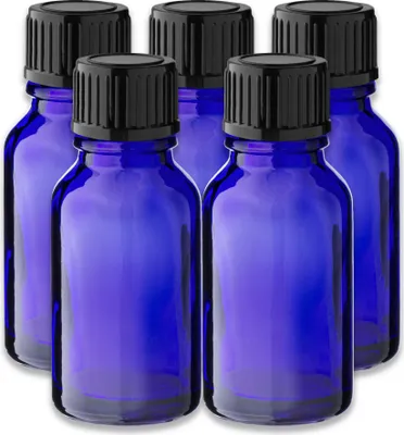 Produktbild von 5x Blaue Glasflasche 15 ml mit schwarzem PP-Schraubverschluss leer Set