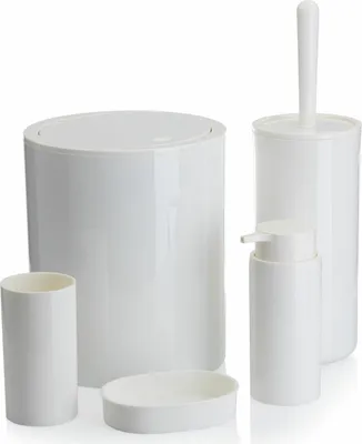 Produktbild von HowHomely | Badezimmer set, 5-teilig Badzubehör Seifenspender, WC Bürste, Seifenschale, Abfalleimer und Zahnputzbecher - Weiß