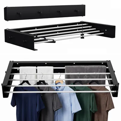 Image de Support mural pliable pour sèche-linge, ISOISL, 80 cm, résistant aux intempéries, séchoir mural pour intérieur et extérieur, 5 barres, capacité de 25 kg, couleur noire