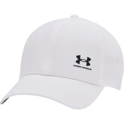 A white Under Armour baseball cap is shown from a side angle against a white background.