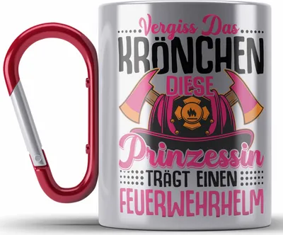 Produktbild von Trendation - Feuerwehr Frau Edelstahl Tasse Karabiner Geschenk Frauen Feuerwehrfrauen Spruch Geschenkidee Vergiss Das Krönchen (Rot)