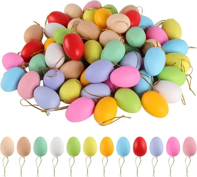 Productafbeelding van Decoratieve plastic paaseieren - Set van 60 - 6 x 4 cm - 12 kleuren - Plastic eieren om te knutselen