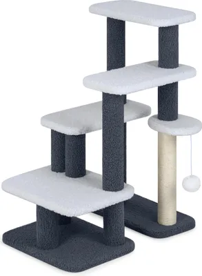 A multi-tiered cat tree with platforms and a scratching post, presented against a white background.