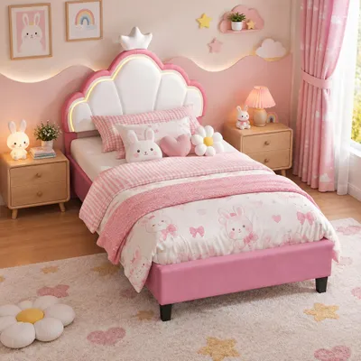 Produktbild von INONEFT Kinderbett 90 x 190 cm, Polsterbett mit LED und Kronenförmigem Kopfteil, Einzelbett mit Lattenrost, Jugendbett, Samt, Rosa und Weiß
