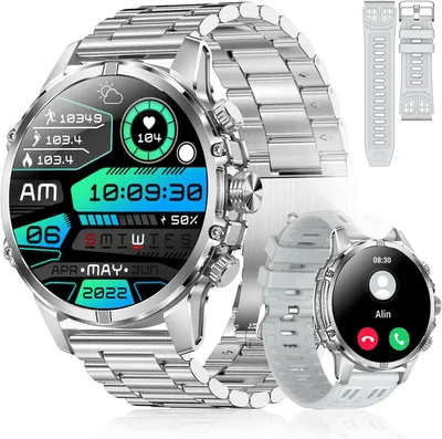 Produktbild von Rogbid Herren Smartwatch Silber 1.85 Inch AMOLED Metallarmband 730 mAh Akku IP67 120 Sportmodi Telefonfunktion Herzfrequenz Schlafmonitor