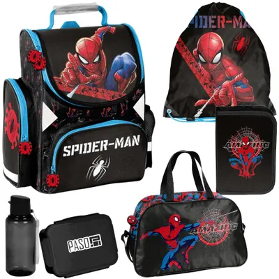 Produktbild von Schulranzen 6-tlg. Set für Jungen SPIDERMAN – Paso Ranzen, Mäppchen, Tasche, Flasche, Frühstückstasche Schuhbeutel