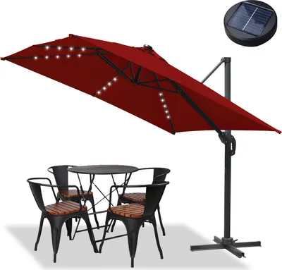 Produktbild von Jayseuw Sonnenschirm mit LED Beleuchtung Ampelschirm 300 cm Garten Schirm Pavillon - Rot