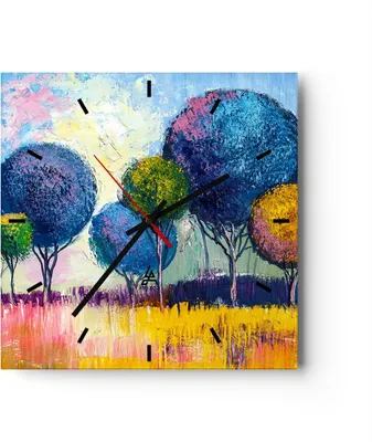 Produktbild von Wanduhr - Quadrat - Glasuhr - Bäume Wiese Sommer - 40x40cm - Schleichendes Uhrwerk - Lautlos - zum Aufhängen bereit - Dekoration Modern - Wanddekoration aus Glas - C3AC40x40-4056