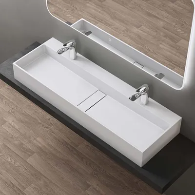 Image de doporro Vasque à Poser Blanc Mat avec Bonde Lavabo de Salle de Bains Suspendu 120cm Lave Mains Rectangulaire avec Cache Bonde Colossum6028