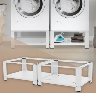 Two white washing machine pedestals are shown, one with laundry baskets and another with an iron and towels. Below, the disassembled pedestals are shown.