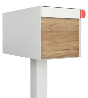 Produktbild von Standbriefkasten Big Americano in Weiß mit Holzdekor-Front