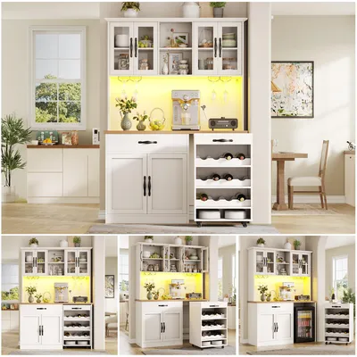 Produktbild von Küchenschrank 140cm Hochschrank mit LED-Beleuchtung & USB, Pantryschrank mit Rollwagen & Weinregal, Vorratsschrank Sideboard für Esszimmer, Schwarz