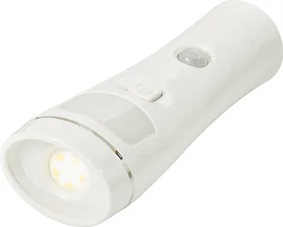 A white LED flashlight with a motion sensor and a power button, shown against a white background.