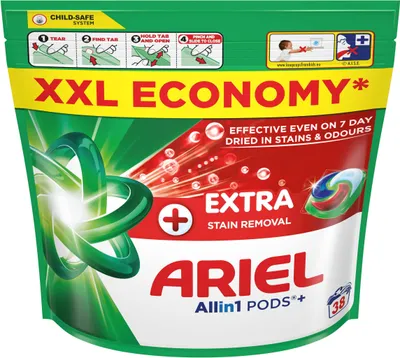 Zdjęcie produktu dla Ariel Allin1 PODS Dodatkowa Moc Usuwania Plam, Kapsułki do prania, 38 prań (38x24,5g)