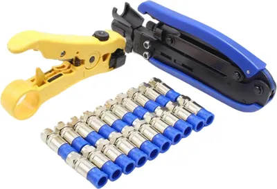 Produktbild von Crimpzangen-Set mit Abisolierzange und 20-teiligem F-Stecker für RG59 und RG6