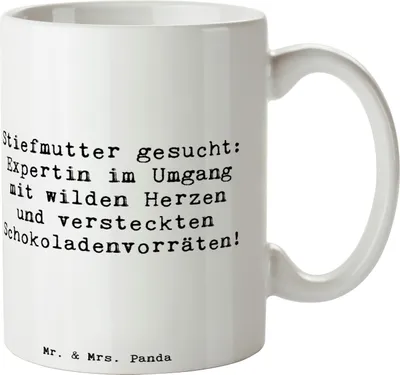 Produktbild von Mr. & Mrs. Panda Pott Spruch Stiefmutter Expertin - Weiß - Geschenk, Kaffeetasse, cappuccinotasse, Weihnachten, Herausforderungen, humorvolle Sprüche, milchkaffeetasse