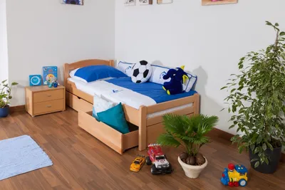 Produktbild von Bettrahmen für Kinder / Kinderbett 90 x 200 cm | Massivholz: Buche | Natur Lackiert | inkl. 2 Schubladen und Lattenrost | besonders hohe Qualität