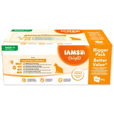 Obrázek produktu pro Kapsička IAMS Delights Adult mořské a suchozemské maso v želé multipack 6120g (72x85g)