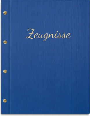 Produktbild von Zeugnismappe im blauen Einband in Leinenoptik, mit hochwertiger Beschriftung in gold – handgefertigte Mappe inkl. 12 Sichthüllen
