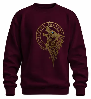 Imagen del producto de Sudadera con cuello redondo, diseño de lobo vikingo, motivos nórdicos de Fenrir, runas, cabeza de lobo, estilo celta, color burdeos, talla XXL