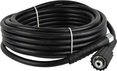 A coiled black pressure washer hose with a connector attached.