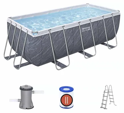 Produktbild von Bestway Steel Pro Max rechteckiger röhrenförmiger abnehmbarer Pool 412 x 201 x 122 cm mit 2.006 l/h Kartuschenfilter und Leiter | Farbgrauer Marmoreffekt