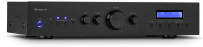 Zdjęcie produktu dla Auna Wzmacniacz, Mini wzmacniacz stereo HiFi, Wzmacniacz HiFi z regulacją basów i tonów wysokich, 2-kanałowy wzmacniacz audio, Wzmacniacz stereo z pilotem i radiem DAB, AV Receiver