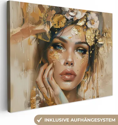Obrázek produktu pro OneMillionCanvasses® - Plátno - Žena - Květiny - Zlatá - Portrét, nástěnná malba, nástěnné dekorace obrazy obývací pokoj, 40x30cm