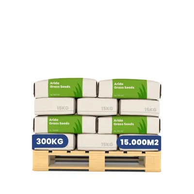 Zdjęcie produktu dla Nasiona trawy odporne na suszę Arida – 300 kg (20 × 15 kg na 15 000 m²) Profesjonalne nasiona trawy na ekstremalne upały i suszę – Organifer
