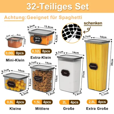 Obrázek produktu pro Sady úložných nádob do kuchyně – boxy na skladování potravin – 32 kusů – vzduchotěsné víka – odolné proti vlhkosti – průhledný plast – vhodné pro sladkosti, ořechy a koření