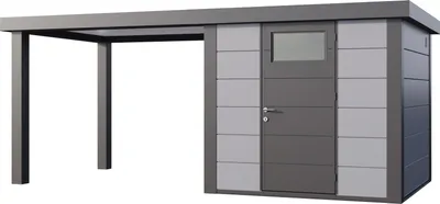Produktbild von Telluria Metallgerätehaus Classico 2424 mit 280 cm Seitendach lichtgrau Seitendach 280 cm links
