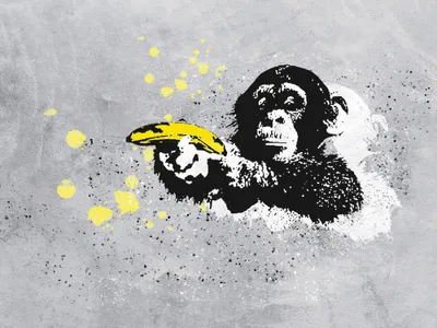 Produktbild von Streetart Kunstdruck Bild - Banksy, Affe mit Bananenpistole (60 x 80 cm)