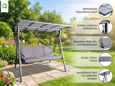 Produktbild von Gartenschaukel 3-Sitzer Hollywoodschaukel mit Dach grau