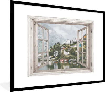 Produktbild von MuchoWow® Gerahmtes Poster Aussicht - Norwegen - Gebirge 80x60 cm - Poster mit Schwarzem Bilderrahmen Wandposter Rahmen Foto Bilder - Schlafzimmer-Dekorationen - Fotoposter