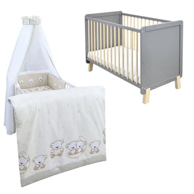 Produktbild von Babybett Kinderbett Gitterbett Lou 60x120 Grau Natur Schutzgitter Matratze Bettwäsche Set 10tlg  Teddy Beige