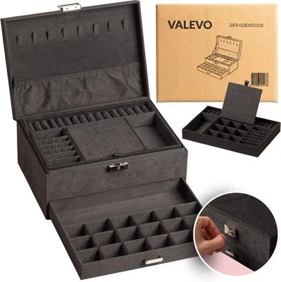Produktbild von VALEVO™ Luxus Schmuckkästchen – 80+ Fächer & Haken – Mit Schloss – Schmuckkasten – Schmuck Organizer – Schmuckbox – Schmuckaufbewahrung