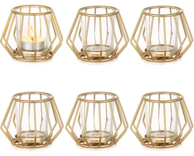 Productafbeelding van Theelichthouder, goudkleurig metaal, kaarsenhouder, windlicht, set van 6, 6 stuks, goudkleurig - 1