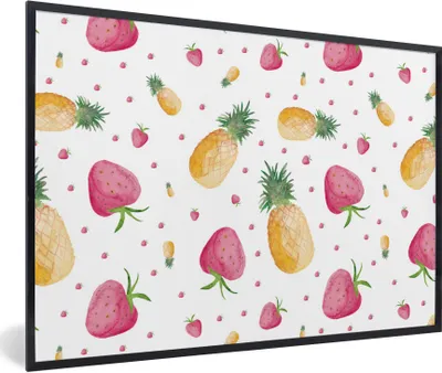 Produktbild von MuchoWow® Gerahmtes Poster Ananas - Erdbeeren - Schablonen 90x60 cm - Poster mit Schwarzem Bilderrahmen Wandposter Rahmen Foto Bilder - Fotorahmen - Foto-Plakat