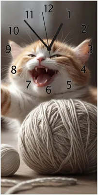Produktbild von Wallario Design Wanduhr bedruckt, Größe 30 x 60 cm, Motiv: Katze mit Wollknäuel