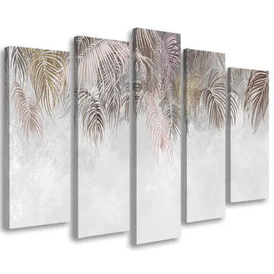 Produktbild von 5-teiliges leinwandbild palmenblätter 200x100 cm Feeby grau wandbild bereit zum aufhängen