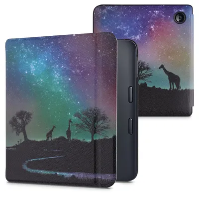 Produktbild von kwmobile Schutzhülle für Tolino Vision 6 Hülle - eReader Flip Case mit Auto Sleep Funktion - Sternenhimmel Giraffe mit Schwarz Dunkelblau Pink