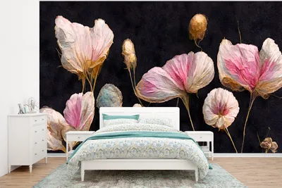 Produktbild von MuchoWow® Fototapete für Wohnzimmer oder Schlafzimmer Wandtapete Vinyl Motivtapete Blumen - Pflanzen - Rosa - Schwarz - 375x280 cm - Schlafzimmer tapete